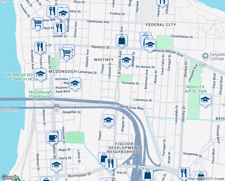 map of restaurants, bars, coffee shops, grocery stores, and more near 1423 Ptolemy Street in New Orleans