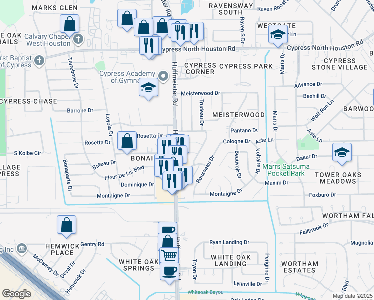 map of restaurants, bars, coffee shops, grocery stores, and more near 13718 Bonaventure Drive in Houston
