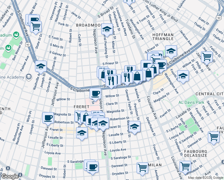 map of restaurants, bars, coffee shops, grocery stores, and more near 4238 South Claiborne Avenue in New Orleans