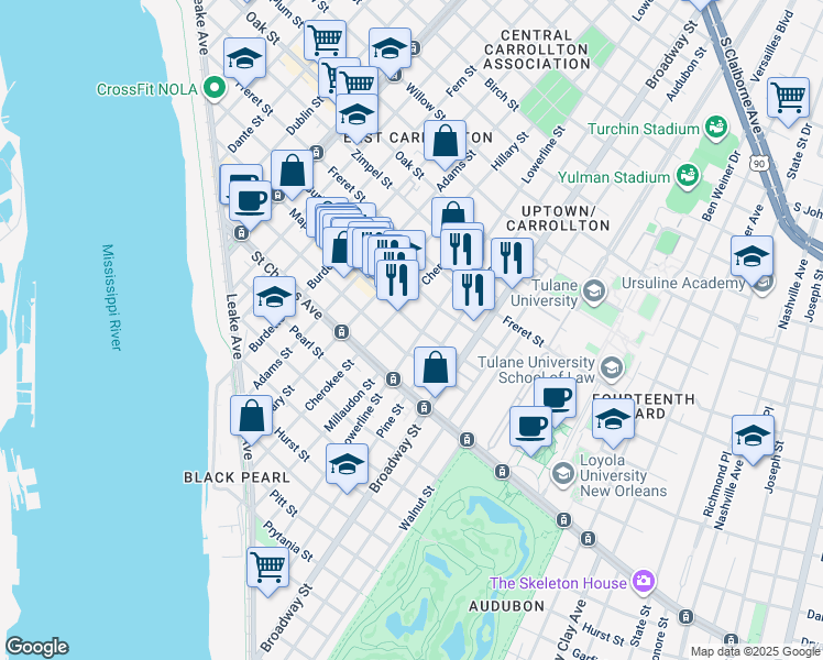 map of restaurants, bars, coffee shops, grocery stores, and more near 7412 Maple Street in New Orleans