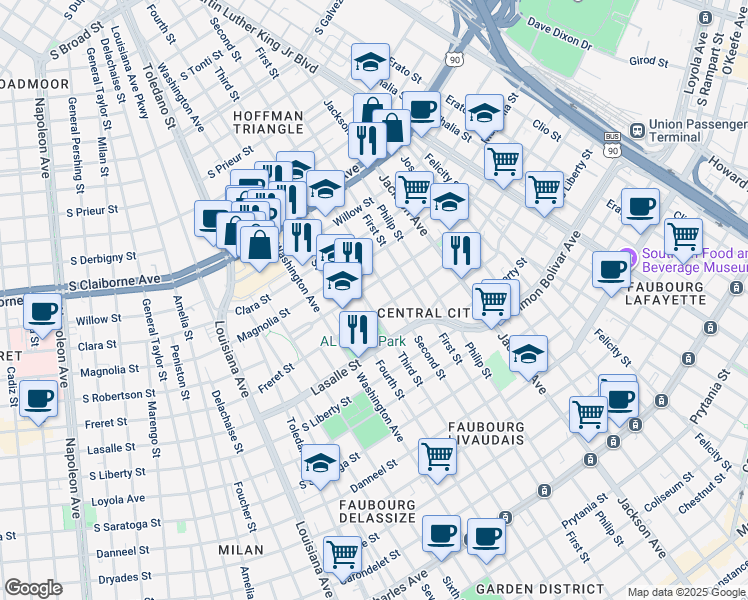 map of restaurants, bars, coffee shops, grocery stores, and more near 2513 Third Street in New Orleans
