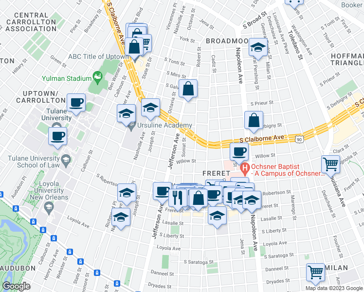 map of restaurants, bars, coffee shops, grocery stores, and more near 2810 Soniat Street in New Orleans