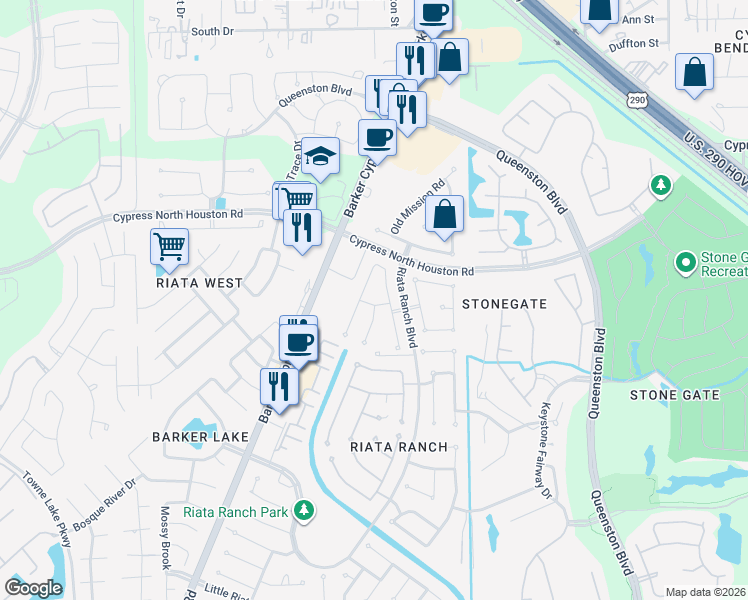 map of restaurants, bars, coffee shops, grocery stores, and more near 17326 Outlaw Ridge Road in Houston