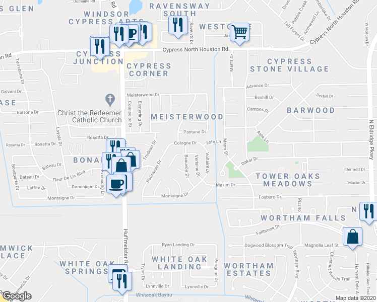 map of restaurants, bars, coffee shops, grocery stores, and more near 11355 Angelique Drive in Houston