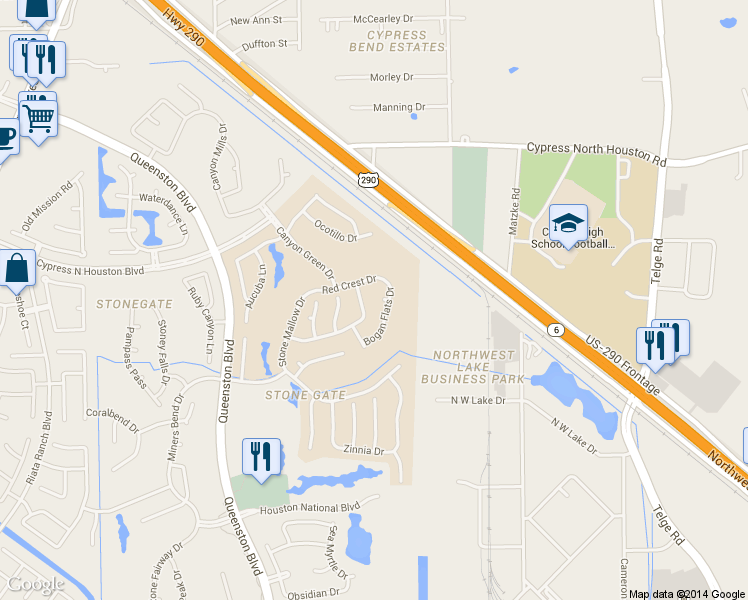 map of restaurants, bars, coffee shops, grocery stores, and more near 16411 Bogan Flats Ct in Houston