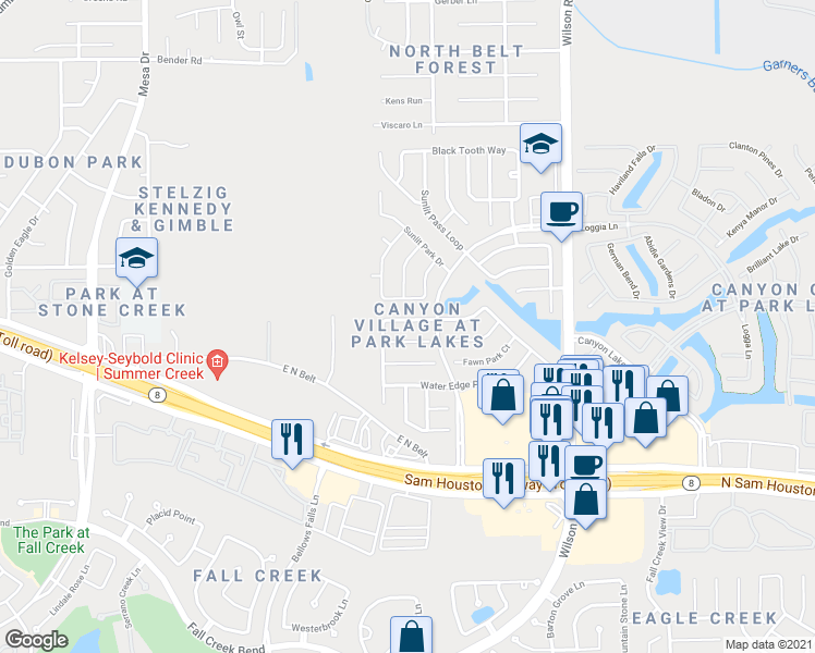 map of restaurants, bars, coffee shops, grocery stores, and more near 9230 Lakeway View Ln in Humble