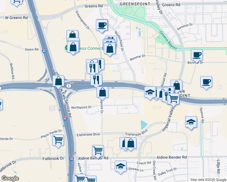 map of restaurants, bars, coffee shops, grocery stores, and more near 250 North Sam Houston Parkway East in Houston