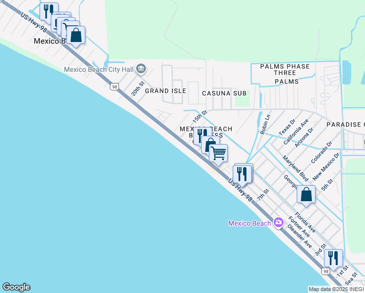 map of restaurants, bars, coffee shops, grocery stores, and more near 1401 US Highway 98 in Mexico Beach