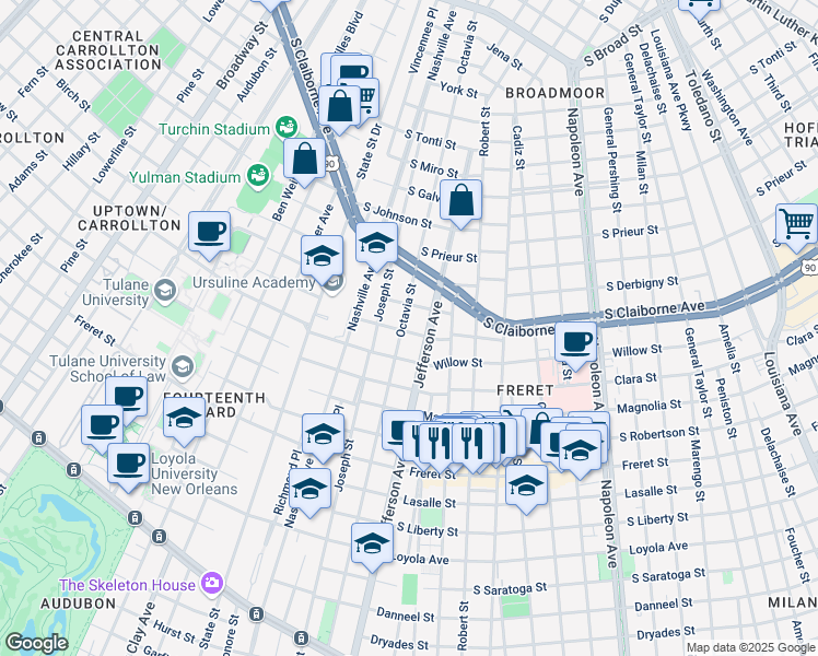 map of restaurants, bars, coffee shops, grocery stores, and more near 2803 Octavia Street in New Orleans