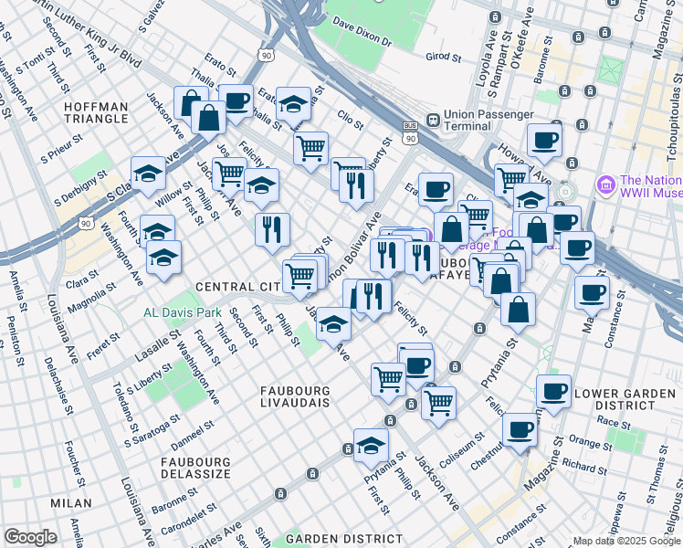 map of restaurants, bars, coffee shops, grocery stores, and more near 2119 Saint Andrew Street in New Orleans