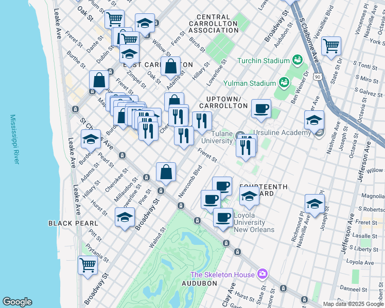 map of restaurants, bars, coffee shops, grocery stores, and more near 921 Broadway Street in New Orleans