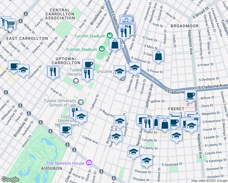 map of restaurants, bars, coffee shops, grocery stores, and more near 6104 Willow Street in New Orleans