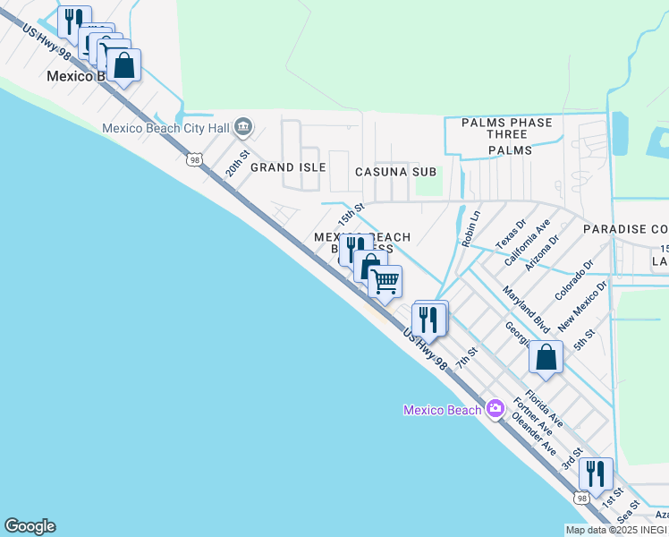map of restaurants, bars, coffee shops, grocery stores, and more near 1401 US Highway 98 in Mexico Beach