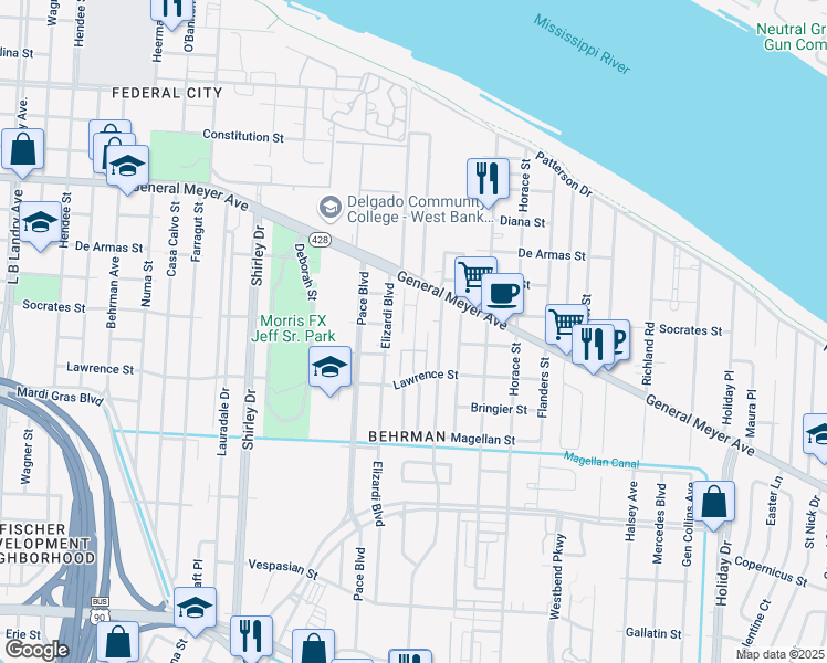 map of restaurants, bars, coffee shops, grocery stores, and more near 1400 Elizardi Boulevard in New Orleans