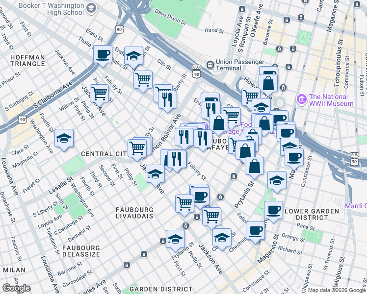 map of restaurants, bars, coffee shops, grocery stores, and more near 1702 South Rampart Street in New Orleans