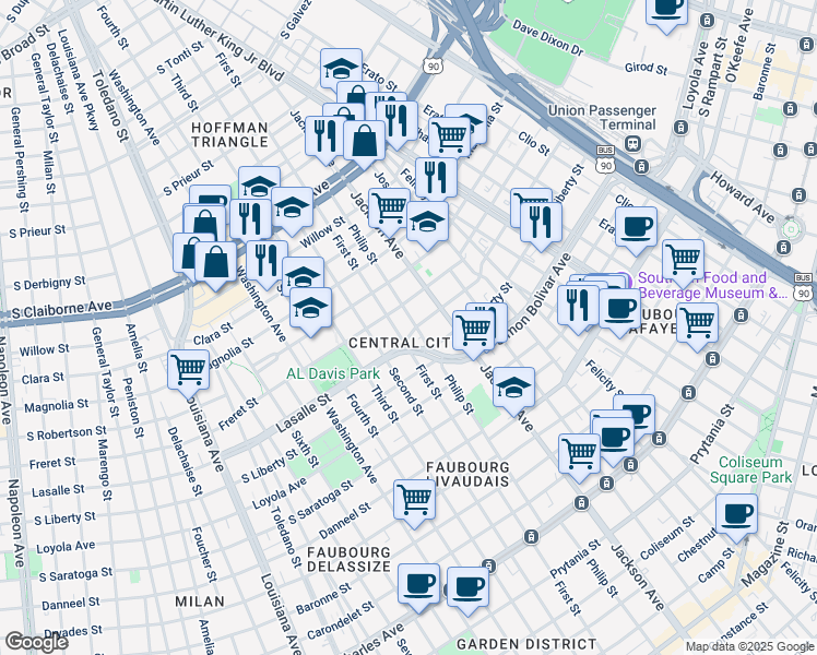 map of restaurants, bars, coffee shops, grocery stores, and more near 2236 Lasalle Street in New Orleans
