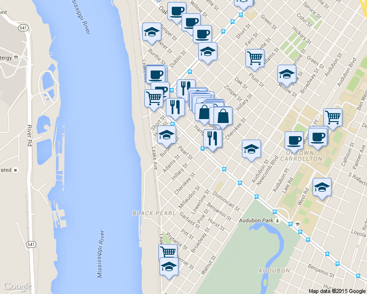 map of restaurants, bars, coffee shops, grocery stores, and more near 7719 Pearl Street in New Orleans