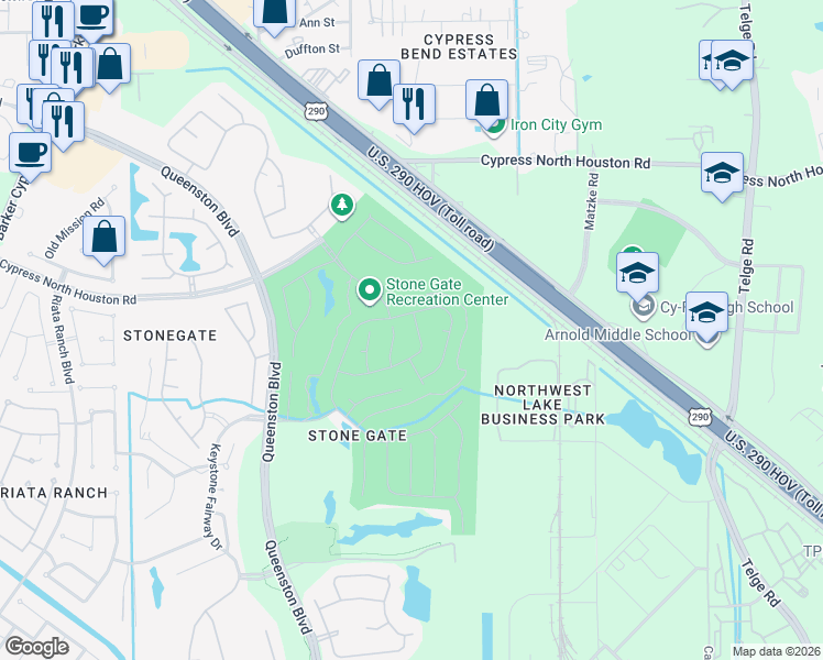 map of restaurants, bars, coffee shops, grocery stores, and more near 11530 Alpena Lane in Houston