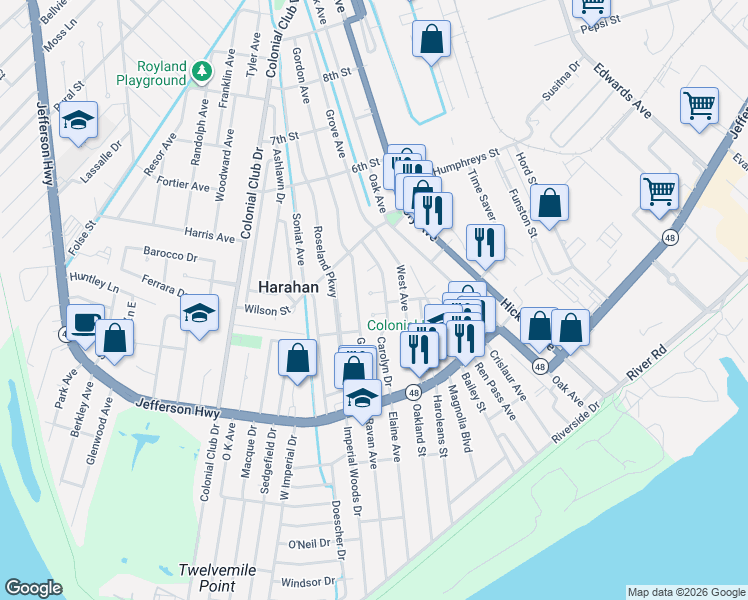 map of restaurants, bars, coffee shops, grocery stores, and more near 7020 Joseph Place in Harahan