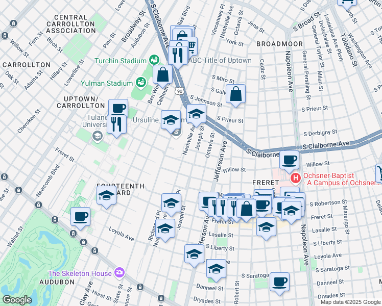 map of restaurants, bars, coffee shops, grocery stores, and more near 5718 Cucullu Street in New Orleans