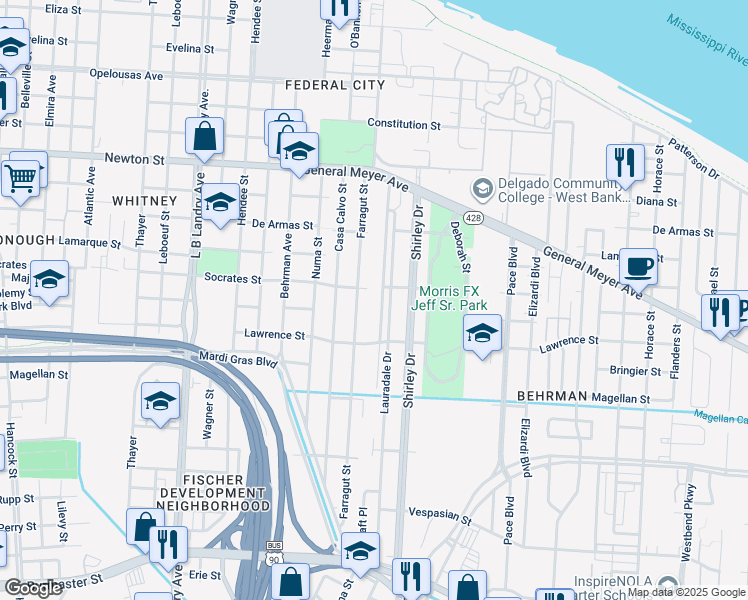 map of restaurants, bars, coffee shops, grocery stores, and more near 11718 Saux Lane in New Orleans