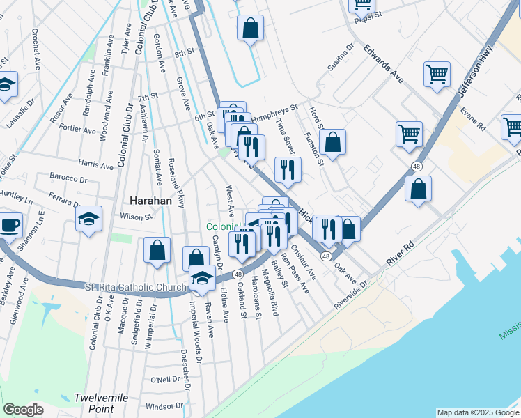map of restaurants, bars, coffee shops, grocery stores, and more near 313 V F West Boulevard in Harahan