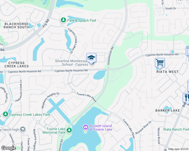 map of restaurants, bars, coffee shops, grocery stores, and more near 19015 Greenview Glen Drive in Harris County