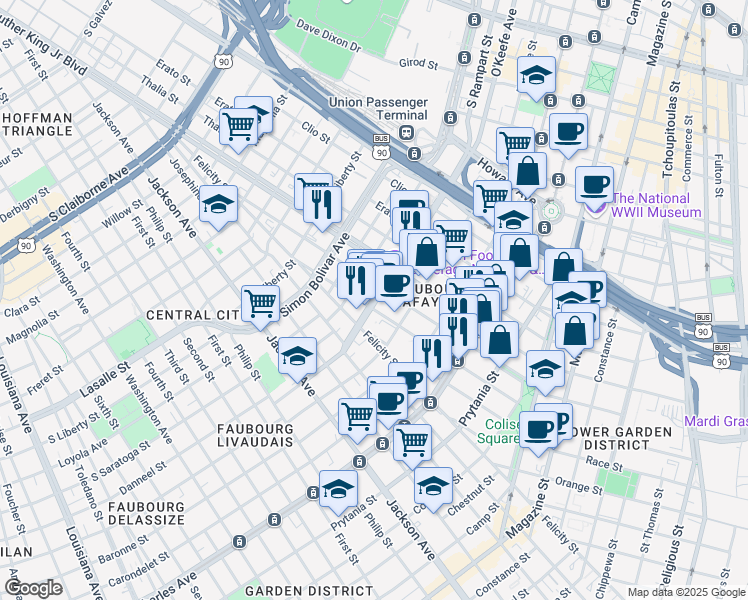 map of restaurants, bars, coffee shops, grocery stores, and more near Oretha Castle Haley Boulevard in New Orleans