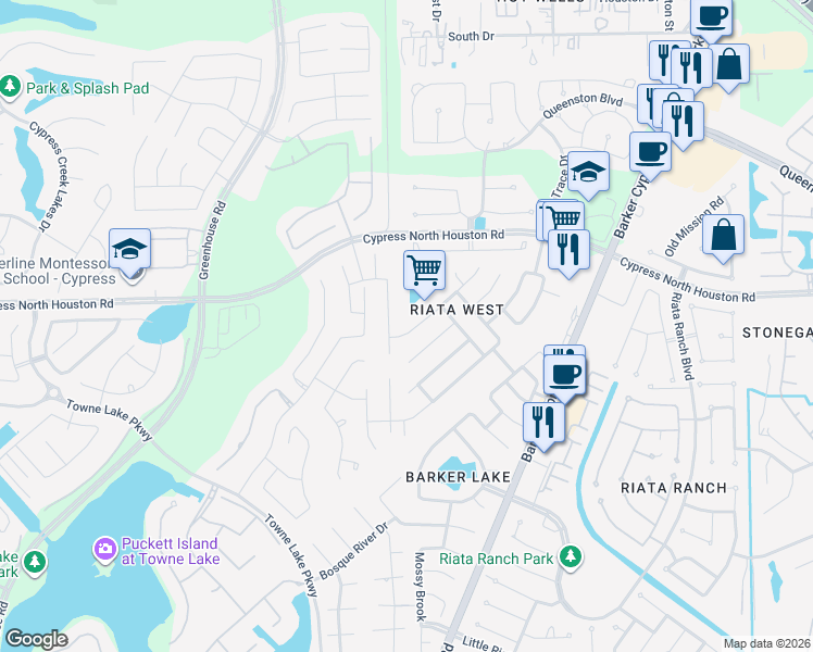 map of restaurants, bars, coffee shops, grocery stores, and more near 10811 Creek Mist Drive in Cypress