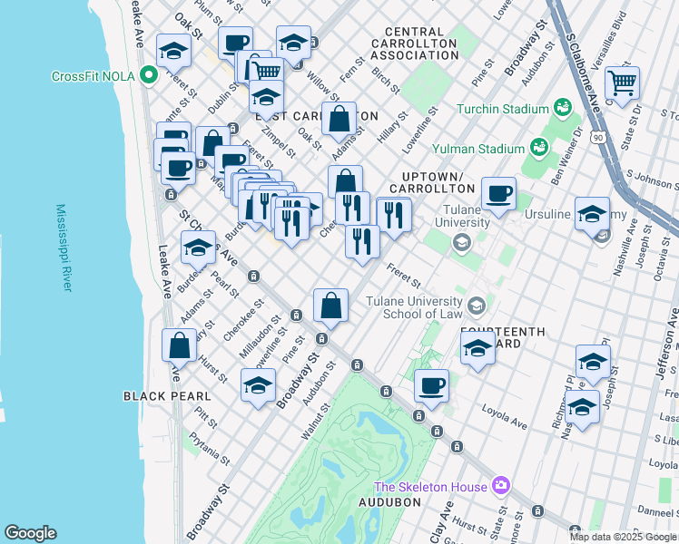map of restaurants, bars, coffee shops, grocery stores, and more near 820 Pine Street in New Orleans