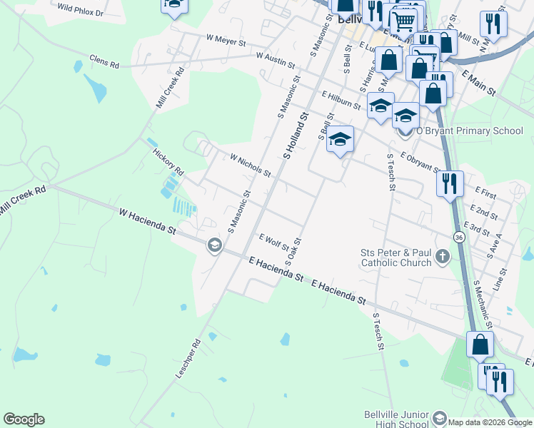 map of restaurants, bars, coffee shops, grocery stores, and more near 1005 South Holland Street in Bellville
