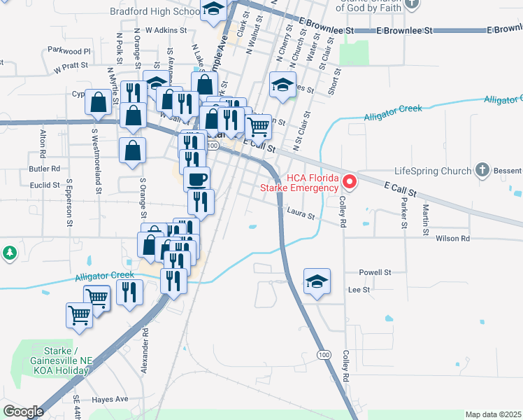 map of restaurants, bars, coffee shops, grocery stores, and more near 510 Laura St in Starke