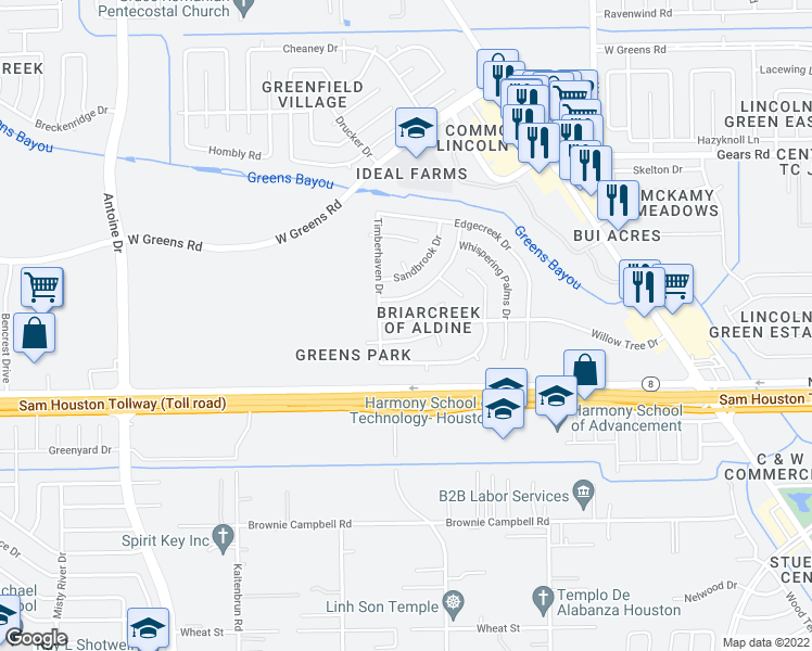 map of restaurants, bars, coffee shops, grocery stores, and more near 3439 Fountain Spring Drive in Houston