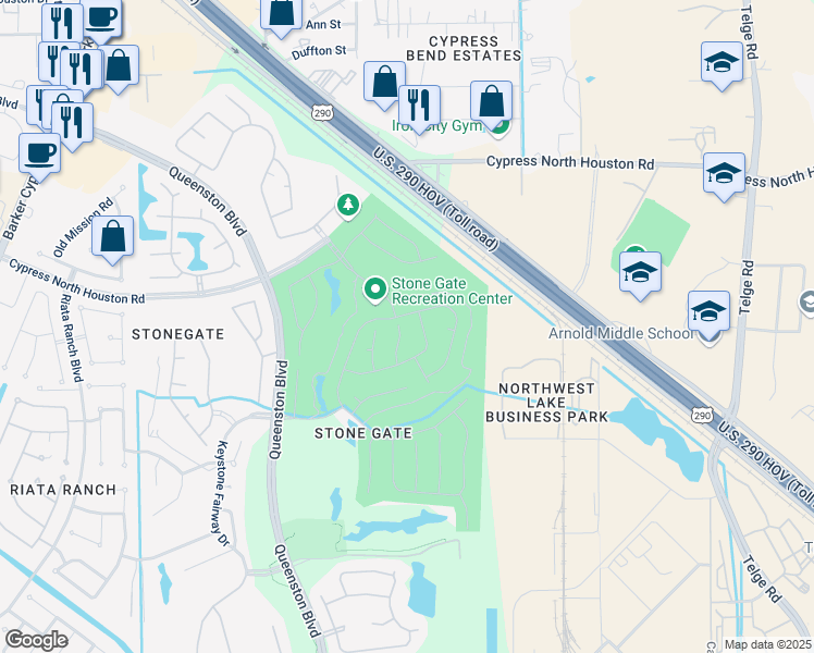 map of restaurants, bars, coffee shops, grocery stores, and more near 11530 Alpena Lane in Houston