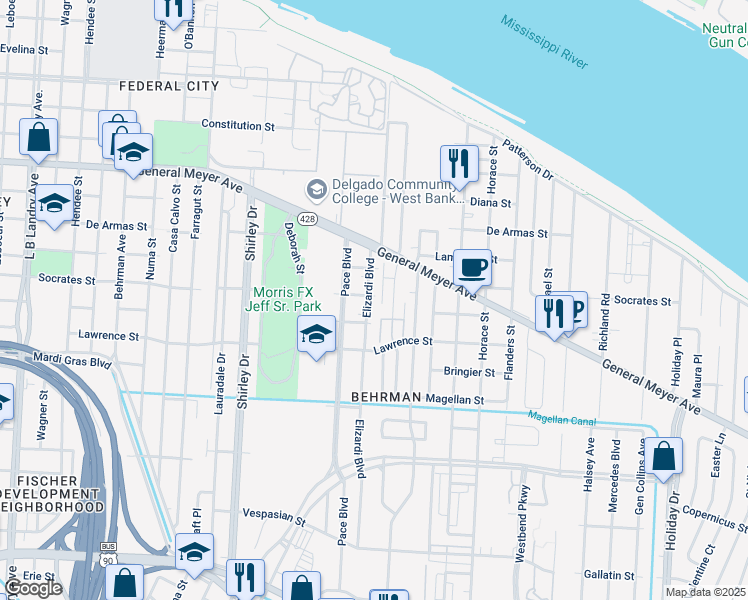 map of restaurants, bars, coffee shops, grocery stores, and more near 1400 Elizardi Boulevard in New Orleans