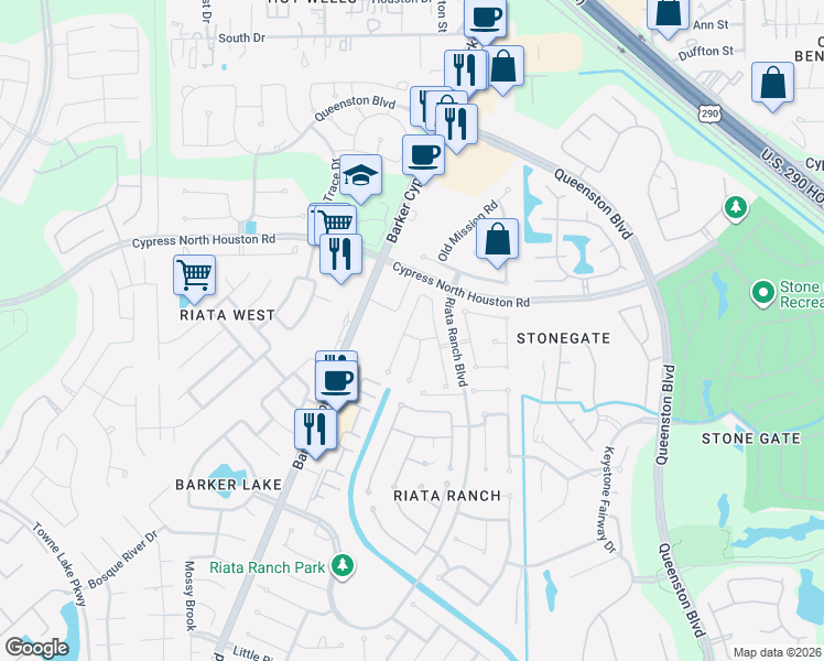 map of restaurants, bars, coffee shops, grocery stores, and more near 17326 Outlaw Ridge Road in Houston