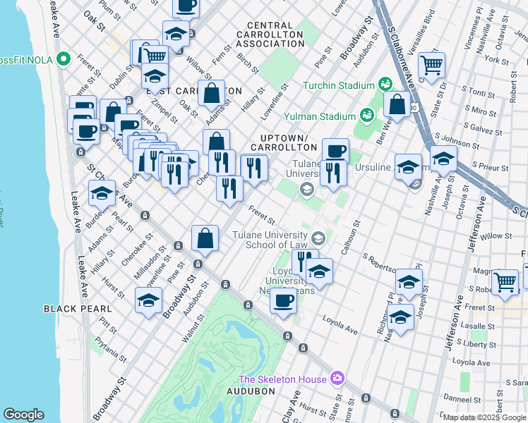 map of restaurants, bars, coffee shops, grocery stores, and more near 7033 Freret Street in New Orleans