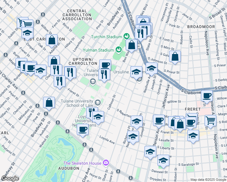 map of restaurants, bars, coffee shops, grocery stores, and more near 6312 Clara Street in New Orleans