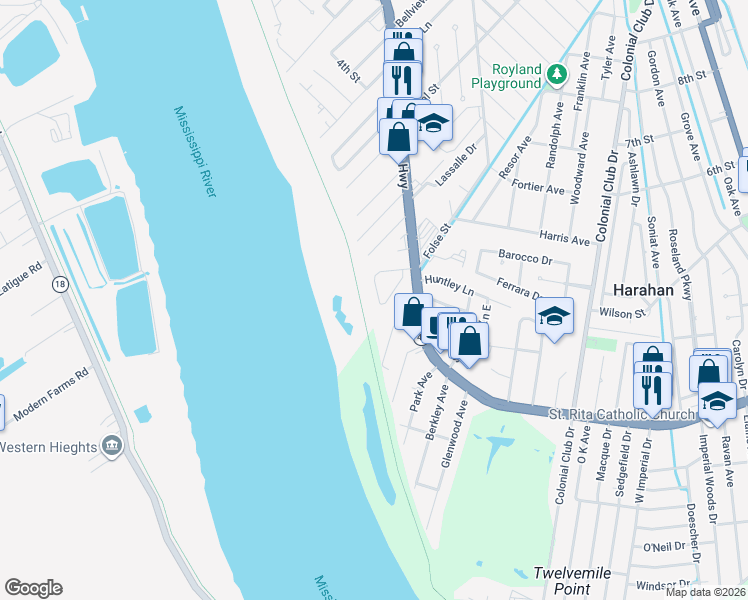 map of restaurants, bars, coffee shops, grocery stores, and more near 33 Hennessey Court in River Ridge