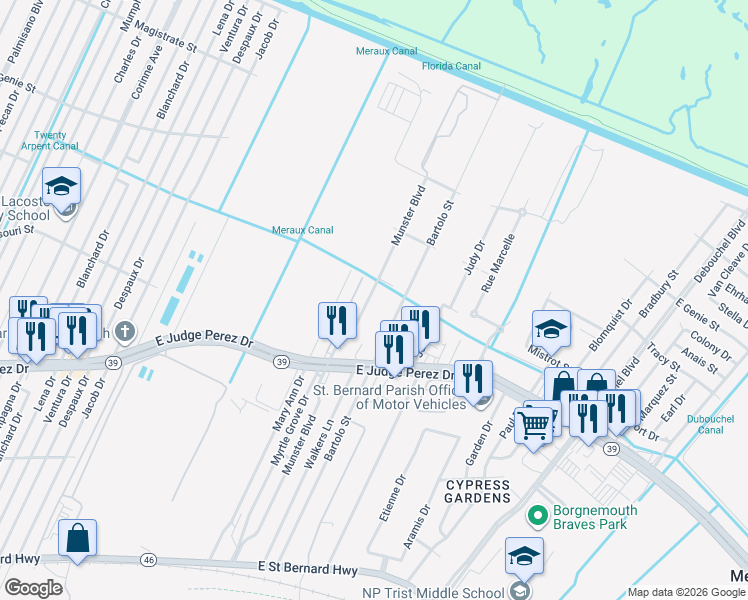 map of restaurants, bars, coffee shops, grocery stores, and more near 2813 Munster Boulevard in Meraux