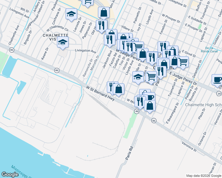 map of restaurants, bars, coffee shops, grocery stores, and more near 2015 Trio Street in Chalmette