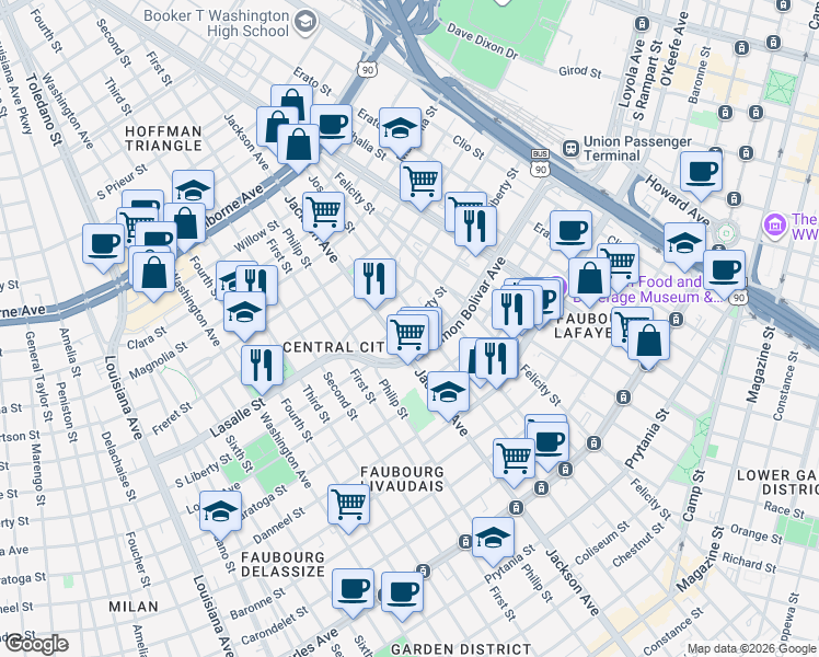 map of restaurants, bars, coffee shops, grocery stores, and more near 2137 Jackson Avenue in New Orleans