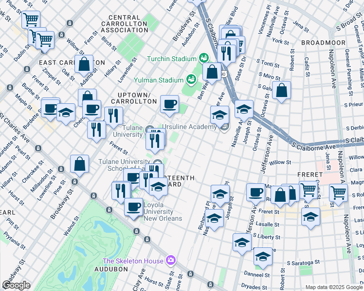 map of restaurants, bars, coffee shops, grocery stores, and more near 2401 Calhoun Street in New Orleans