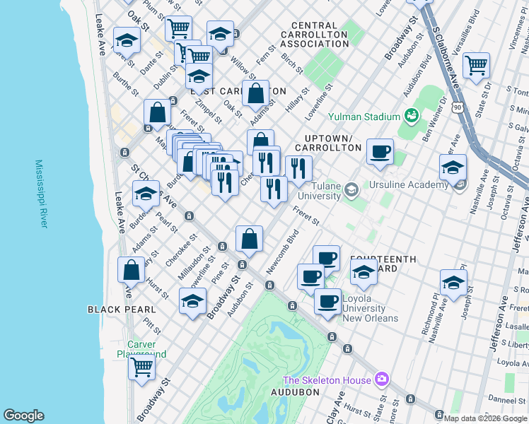 map of restaurants, bars, coffee shops, grocery stores, and more near 820 Pine Street in New Orleans