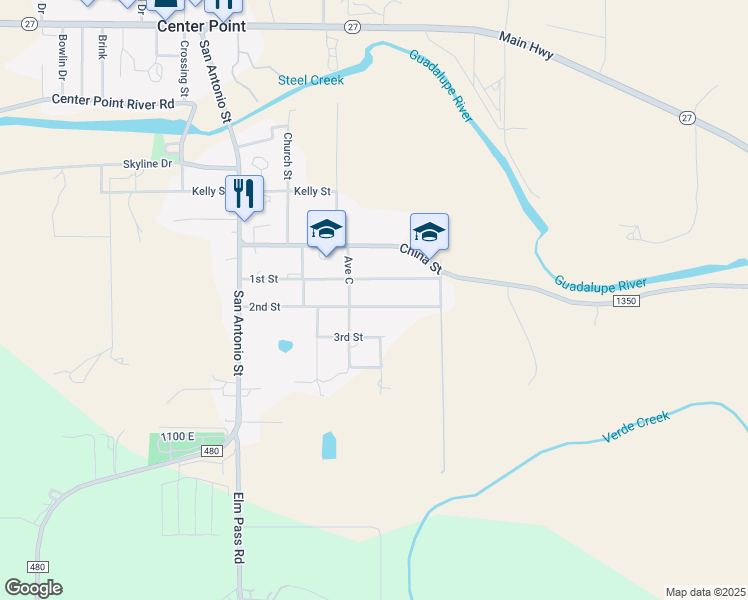 map of restaurants, bars, coffee shops, grocery stores, and more near 306 2nd Street in Center Point
