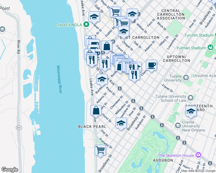 map of restaurants, bars, coffee shops, grocery stores, and more near 7719 Pearl Street in New Orleans