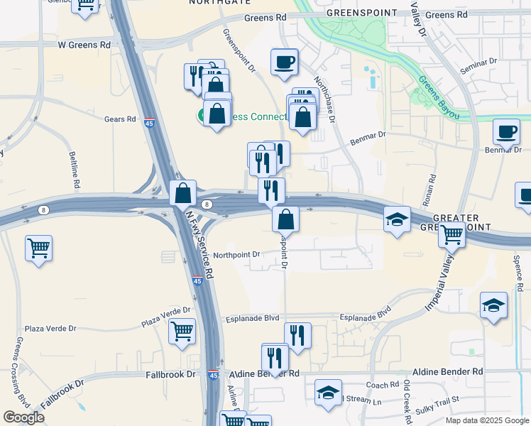 map of restaurants, bars, coffee shops, grocery stores, and more near 50 North Sam Houston Parkway East in Houston