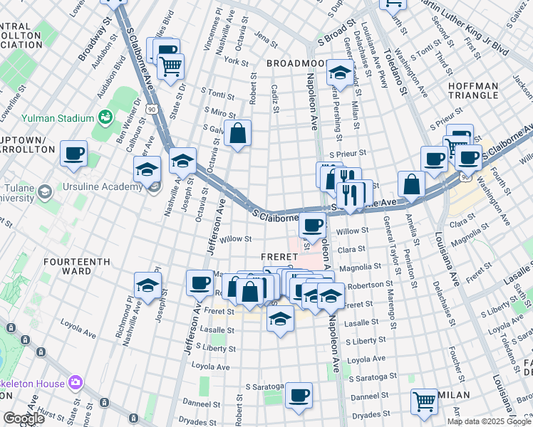 map of restaurants, bars, coffee shops, grocery stores, and more near S Claiborne Ave & Upperline St in New Orleans