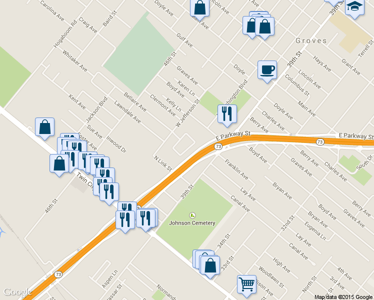 map of restaurants, bars, coffee shops, grocery stores, and more near 3140 West Groves Circle Drive in Groves