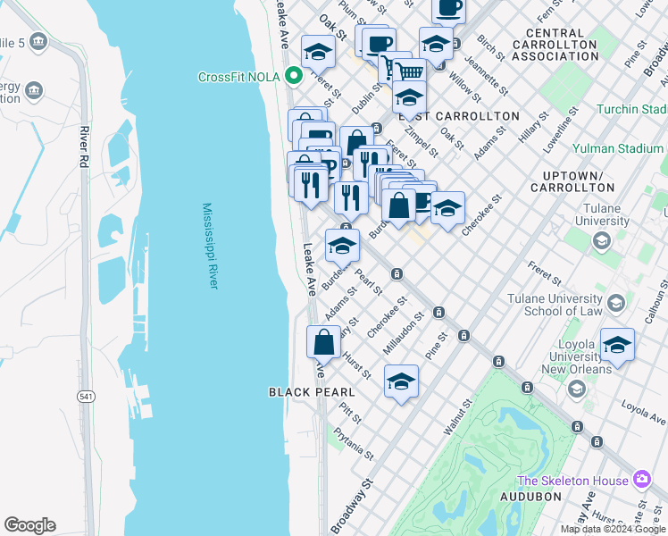 map of restaurants, bars, coffee shops, grocery stores, and more near 418 Burdette Street in New Orleans